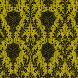 Chartreuse damask paper with black scrollwork and fine spiderwebs woven into the pattern.