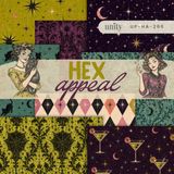 Hex Appeal 6x6 paper pack cover from Unity Stamp Co, UP-HA-266, fanned sheets of gold starbursts, plum damask, black cats and harlequin diamonds behind a vintage witch and a woman holding a black cat.