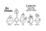 The Usual Suspecks red rubber stamp set from Unity Stamp Co. Five wonky, wide-eyed chickens in scratchy pen-and-ink, including a hen in pearls and a polka-dot apron, with the sentiments 'Hey Chickadee' and 'I miss you. Mostly because nobody else appreciates my nonsense.'