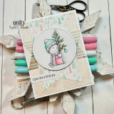 Cream card with a stitched circle showing the small snowman in a striped hat holding a decorated pine sprig, stamped 'Open for a little joy.' over a soft tree print panel.