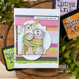 A rainbow striped card with the dog and cat in a green and pink scarf inside a circle panel, a small green heart alongside and the sentiment 'You're stuck with me.'