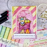 A pink arch card with the dog and cat in a pink and orange scarf over a striped background, finished with 'You're my favorite person to annoy.'