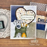 A denim and paw print card with the dog and cat in an olive scarf beneath a woodgrain heart, with a banner reading 'You're stuck with me.'