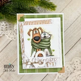 A green and kraft card with the scarf wrapped dog and cat stamped on a white panel over knit texture paper, finished with die cut lettering and a small green heart.