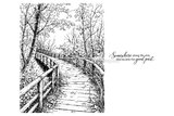 Fall for the Scenic Route red rubber stamp set from Unity Stamp Co - a finely drawn wooden boardwalk with a railing curving away through autumn trees with fallen leaves scattered across the planks, with the script sentiment Somewhere along the way, this became the good part.
