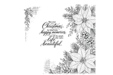Christmas Made Beautiful red rubber background stamp from Unity Stamp Co - an engraved poinsettia, pine, cedar, pinecone and berry border over faded ledger paper with a cedar and berry sprig in the opposite corner and the script sentiment May your Christmas be filled with happy memories, and all the people who make life beautiful.