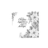 Christmas Made Beautiful red rubber background stamp from Unity Stamp Co - an engraved poinsettia, pine, cedar, pinecone and berry border over faded ledger paper with a cedar and berry sprig in the opposite corner and the script sentiment May your Christmas be filled with happy memories, and all the people who make life beautiful.