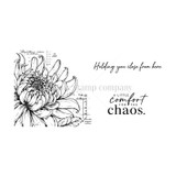 Heirloom Mum red rubber stamp set from Unity Stamp Co - a large botanical-plate chrysanthemum in bloom with handwritten species notes, catalogue numbers and a measuring rule down the side, with the sentiments A little comfort for the chaos. and Holding you close from here.