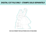 Digital cut file preview for the Holiday Hustle set: a single character outlined in a teal cut line, with a note that the stamps are sold separately.