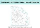 Digital cut file preview for the Heirloom Mum set: a large chrysanthemum bloom outlined in a teal cut line, with a note that the stamps are sold separately.