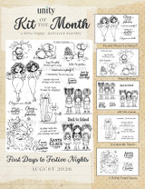 First Days to Festive Nights, August 2026 Kit of the Month red rubber stamp sheet: acorn mice, back to school kids with backpacks, party girls, a snail with a gift and a winking Santa, shown with sample cards.