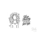 Keep Shining Sweet Friend red rubber stamp set from Unity Stamp Co - a faceless girl with a big cloud of curls and three small butterflies, with the sentiment "Keep Shining, sweet friend. The world needs your light."