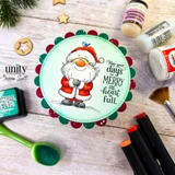 Mint circle panel edged with a red and green scalloped die cut, Santa with his bluebird stamped in the middle beside the sentiment 'May your days be MERRY and your heart be full.'