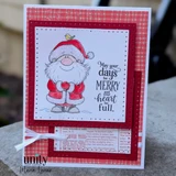Card with Santa coloured in red and white on white, framed in red plaid and solid red, sentiment "May your days be MERRY and your heart be full."