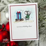 A deep red framed card with the mouse in a green sweater hauling a blue gift on a wooden sled through the snow, above 'Special delivery of holiday cheer!'