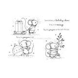 Mouse on a Merry Mission red rubber stamp set from Unity Stamp Co - three fluffy mice in sweaters and scarves: one pulling a wrapped gift on a sled, one hugging a striped ornament, one carrying a small tree and a sack, with the sentiments "Special delivery of holiday cheer!", "Bring on the merry.", "May the season be filled with little joys." and "Making the season bright."