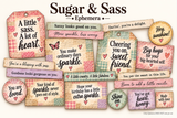 Sugar & Sass ephemera cover sheet: tags, circles and word strips in dusty pink, lavender, sage and honey, printed over faded gingham and patchwork with butterflies and hearts.