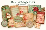 Dash of Magic Bits ephemera sheet: retro Santa tags, a red BINGO card, a December calendar, a naughty or nice checklist and 'Let it snow' word strips in sage green, cream and faded red.