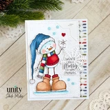 Handmade card made with Unity Stamp Co's Snowbert red rubber stamp set: the snowman in a blue cap and red sweater with a red heart and the "wishing you a flurry of happy moments." sentiment.