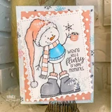 Handmade card made with Unity Stamp Co's Snowbert red rubber stamp set: the snowman in a peach stocking cap on a postage stamp frame with the "wishing you a flurry of happy moments." sentiment.