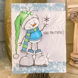 Handmade card made with Unity Stamp Co's Snowbert red rubber stamp set: the snowman in a green cap and blue sweater with the "hello, my friend." sentiment.