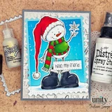 Handmade card made with Unity Stamp Co's Snowbert red rubber stamp set: the snowman in a red cap and green sweater on a blue background with the "hello, my friend." sentiment.