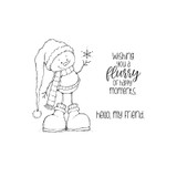 Stamp sheet: Snowbert, a round snowman in a very long stocking cap with a pom-pom, striped scarf and big boots, holding up a snowflake, with sentiments 'wishing you a flurry of happy moments.' and 'hello, my friend.'