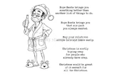 Joy Pending red rubber stamp set from Unity Stamp Co - Artie in a Santa hat and reading glasses, green robe and reindeer slippers, holding a beer with one hand on his hip, with five sentiments including "May your relatives arrive late and leave early."