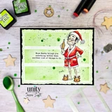Handmade card made with Unity Stamp Co's Joy Pending red rubber stamp set: Artie in his Santa robe and reindeer slippers holding a beer, with the "Hope Santa brings you something better than another list of things to do." sentiment on a green background.