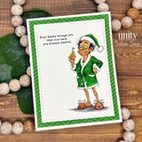 Handmade card made with Unity Stamp Co's Joy Pending red rubber stamp set: Artie in a green robe holding a beer with the "Hope Santa brings you that six-pack you always wanted." sentiment.