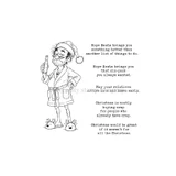 Joy Pending red rubber stamp set from Unity Stamp Co - Artie in a Santa hat and reading glasses, green robe and reindeer slippers, holding a beer with one hand on his hip, with five sentiments including "May your relatives arrive late and leave early."