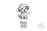 Odie's Holiday Home red rubber stamp set from Unity Stamp Co - a fluffy puppy in a Santa hat sitting with a small outline heart beside him, with the sentiment "Home is the best gift of all."
