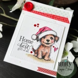 Handmade card made with Unity Stamp Co's Odie's Holiday Home red rubber stamp set: Odie the puppy in a Santa hat with his little heart and the "Home is the best gift of all." sentiment.