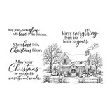 Where Christmas Lives red rubber stamp set from Unity Stamp Co - a snow-covered cottage with a wreath on the red front door, lit windows, smoke curling from the brick chimney and bare trees over a split-rail fence, with the sentiment "Merry everything from our home to yours."