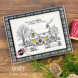 Where Christmas Lives, October 2026 KOMpanion sample card: the snowy cottage with a wreath on black plaid with May your home glow with love this Christmas