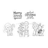 Baking Spirits Bright red rubber stamp set from Unity Stamp Co - three gingerbread boys with button fronts and icing trim, one holding a candy cane in a Santa hat, one on a stool placing a star on a potted tree, one in a knit hat hugging a small reindeer, with the sentiment "A special Christmas wish just for you."