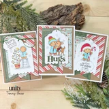 Trio of green plaid and red stripe banner cards: the tree-topping gingerbread boy with 'Merry moments make the season special', the reindeer hug, and the candy cane boy with 'A special Christmas wish just for you.'