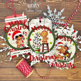 Three round Baking Spirits Bright gift tags from Unity Stamp Co on green scalloped circles with red Merry Christmas die cuts and white snowflakes: the gingerbread boy in a Santa hat and sunglasses holding a candy cane, the gingerbread boy on a wooden stool topping a little potted tree with a star, and the gingerbread boy in a knit hat hugging a reindeer.