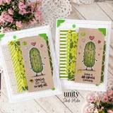 Two kraft pickle cards with green lace, stripes and sequins: one reads 'You've GOT THIS. No big dill.' and the other 'Have a dill-ightful birthday.'