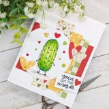 White card with a stitched circle and patchwork heart papers in green, yellow and red: the bumpy green pickle with little hearts all around, plus a tag reading 'You've GOT THIS. No big dill.'