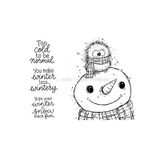Snowbody's Normal red rubber stamp set from Unity Stamp Co - a large smiling snowman head with a carrot nose and a plaid scarf, a round fluffy bird in its own scarf perched on top, with the sentiment "Too cold to be normal."