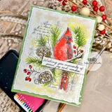 Stillness and Song, October 2026 Background of the Month sample card: the cardinal and pine cones in watercolor on a green mat with Wishing you moments of peace, joy and wonder