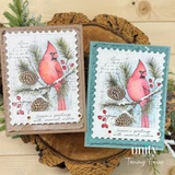 Stillness and Song, October 2026 Background of the Month sample card: two cardinal cards in postage frames, one kraft and one teal, on a wood slice