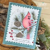 Stillness and Song, October 2026 Background of the Month sample card: the cardinal in a teal postage frame on bark with Season's greetings