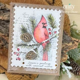 Stillness and Song, October 2026 Background of the Month sample card: the cardinal in a kraft postage frame on bark with Season's greetings