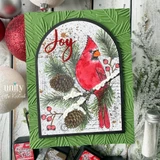 Stillness and Song, October 2026 Background of the Month sample card: the cardinal under a green arch with the word Joy