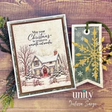 Christmas card and gift tag made with The Christmas We Remember papers: sage green snowflake and script layers framing a snowy cottage scene, with a gold die-cut snowflake on the matching tag.