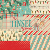 The Tinsel Years 6 x 6 paper pack cover: retro bells on aqua, string lights, sparkle stars, a vintage fawn with a gift, candy stripes, little trees, red polka dots and aqua argyle.
