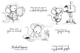 The Little Cardmakers red rubber stamp set from Unity Stamp Co - a mouse in a scarf carrying a stack of heart cards, a mouse posting a letter in a mailbox, and a mouse drawing a heart card at a craft table, with the sentiments "Made with ink, paper & a whole lot of heart.", "Made with you in mind.", "Consider this a paper hug.", "Handmade happiness headed your way." and "A little note for one of my favorite people."