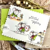 Scalloped landscape card showing all three mice in a row: coloring at the craft table, carrying heart cards, and posting mail, with 'Made with you in mind.' and 'Consider this a paper hug.'